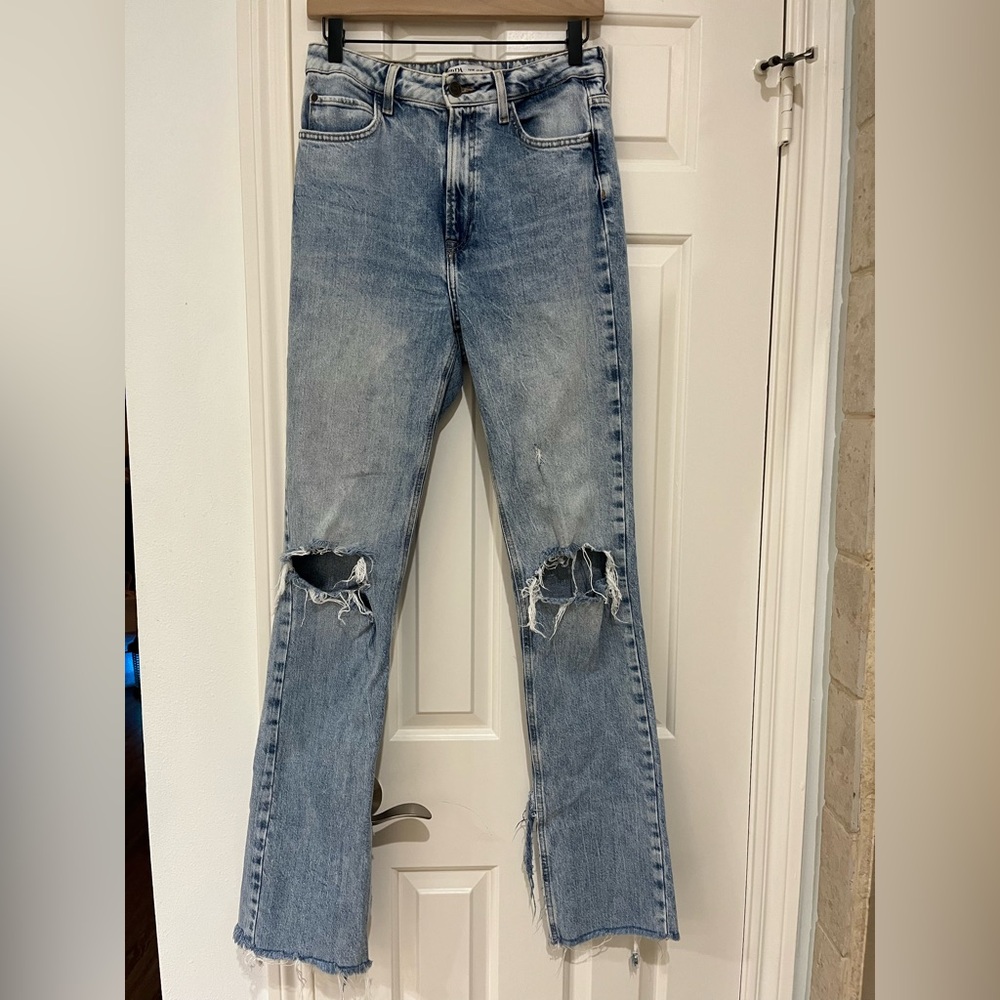 Zara High Waisted Ripped Denim Side Slit Jeans size 6